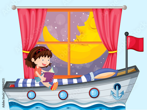 A ship inside the house with a girl reading