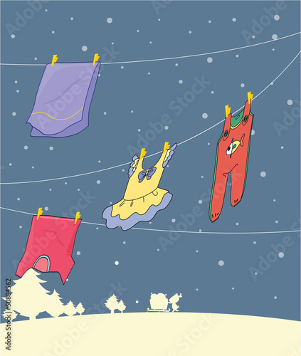 Washed clothes hanging under a snowy season