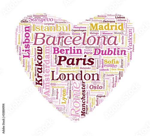Schilderij op canvas Love Shaped European Cities Vector Word Cloud on white backgroun
