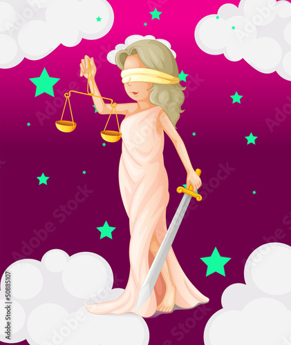 A woman with a weighing scale and a sword