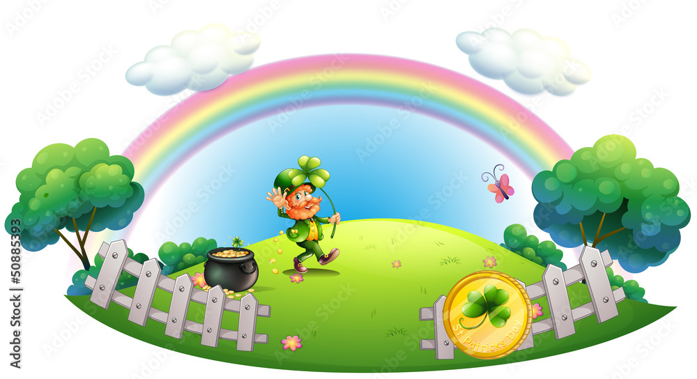 Obraz premium A man with a pot of gold coins inside the fence