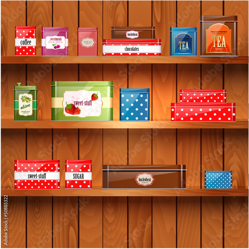 Wooden shelves with metal boxes