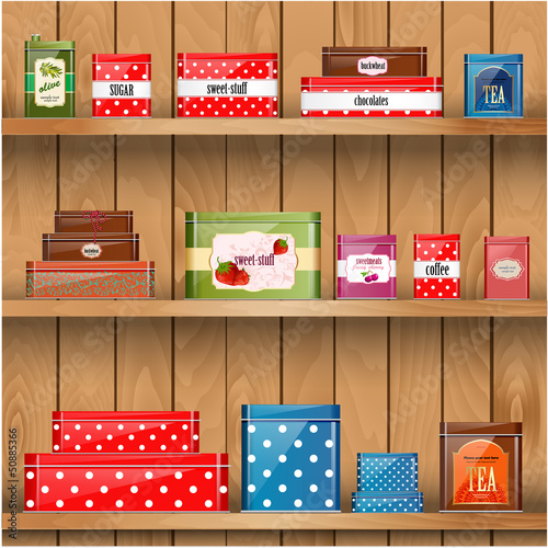 Wooden shelves with metal boxes