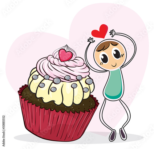 A cupcake and a sketch of a man with a red heart