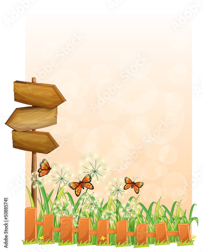 A garden scenery with a wooden arrow board