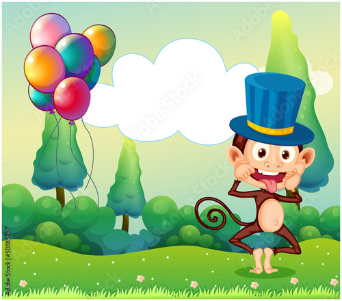 A monkey with balloons in the hilltop