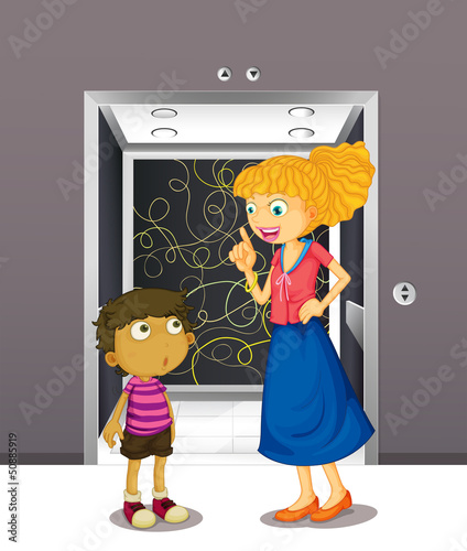 A mother and his son at the elevator