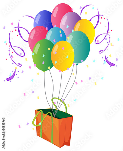 Nine colorful balloons in a bag