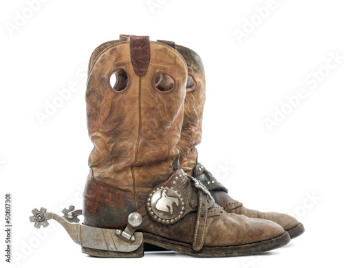 Side view of a pair of Cowboy boots with spurs