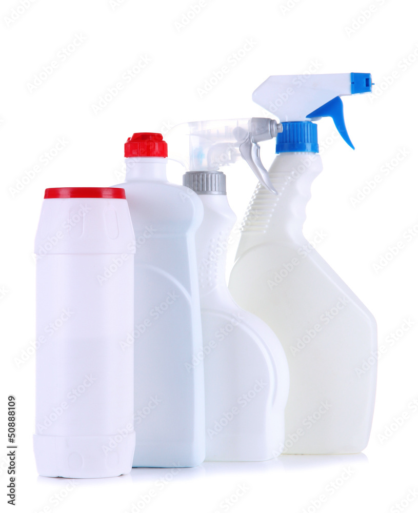 Different kinds of kitchen cleaners, isolated on white Different kinds of kitchen cleaners, isolated on white