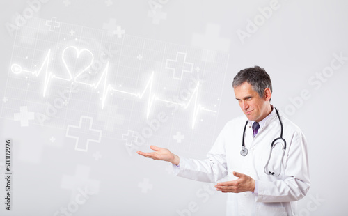 Doctor examinates heartbeat with abstract heart