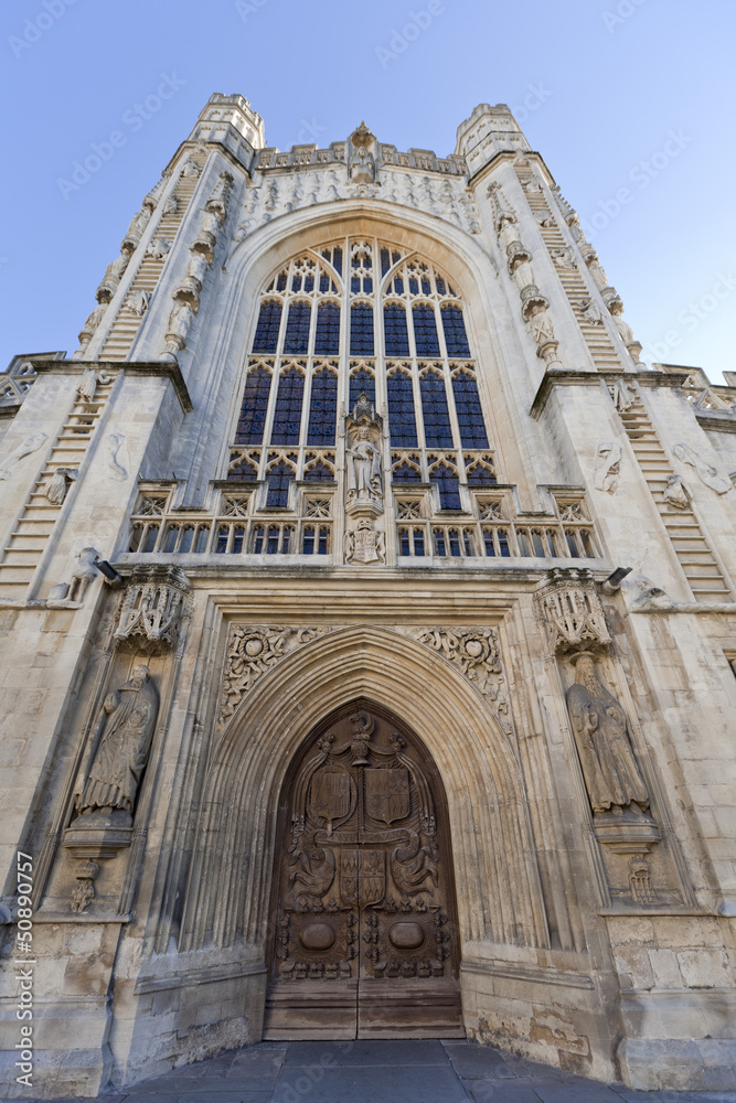 Exterior of west entrance to Bath Abbey, UK