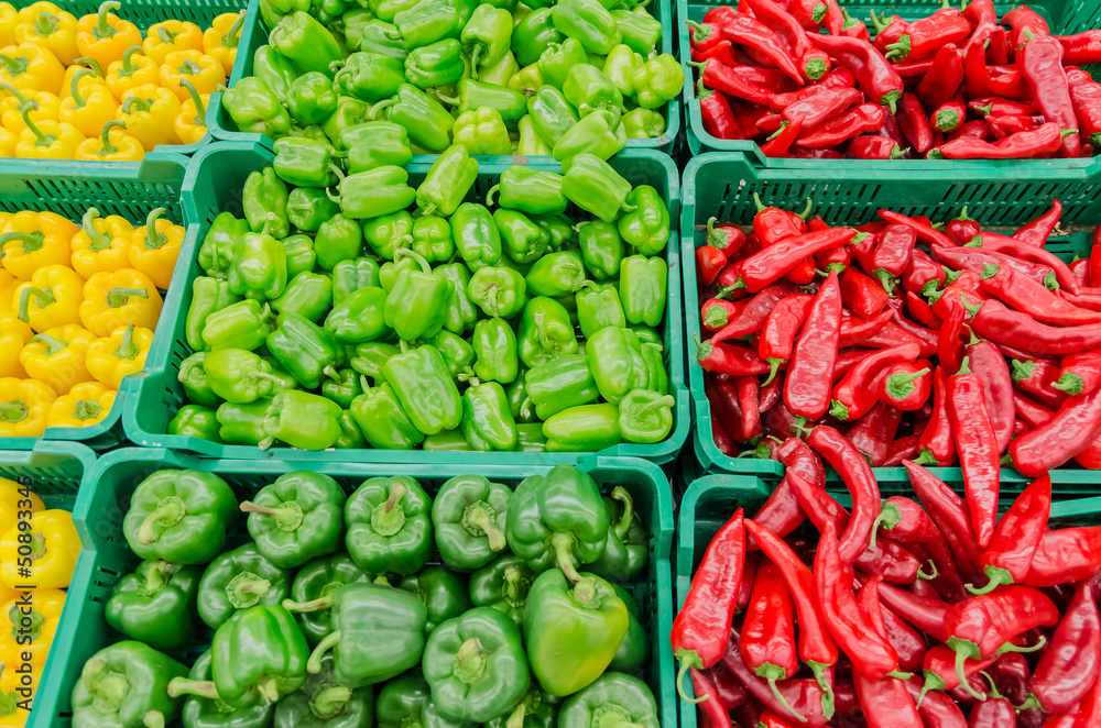 Colorful Display Of Capsicum In A Market