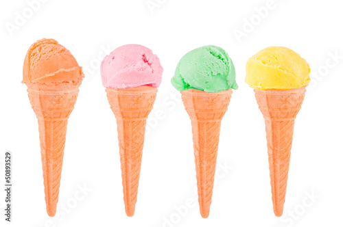 color ice creams with cone on white background 