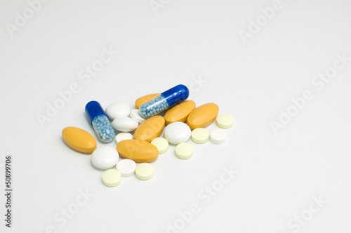 different drugs on white background