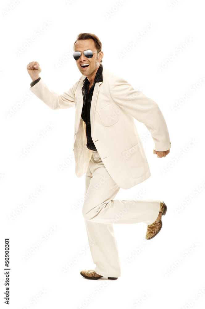 Mad disco dancer in white suit and snake leather boots Mad disco dancer in white suit and snake leather boots