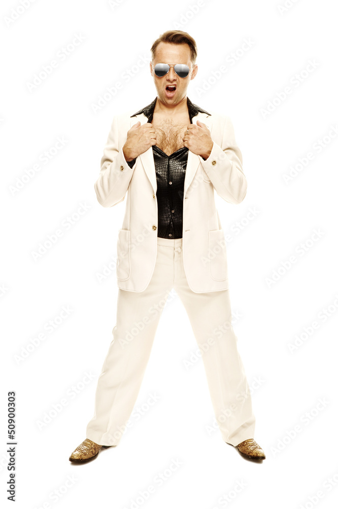Mad disco dancer in white suit and snake leather boots Mad disco dancer in white suit and snake leather boots