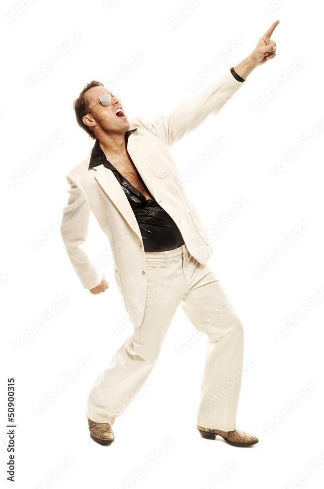 Obraz Szalony tancerz disco w białym garniturze i butach ze skóry węża
