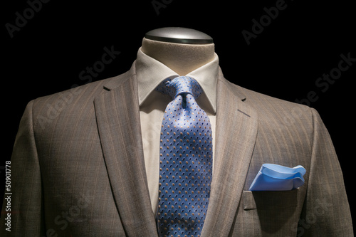 Tan Striped Jacket, Textured White Shirt, Patterned Blue Tie & H