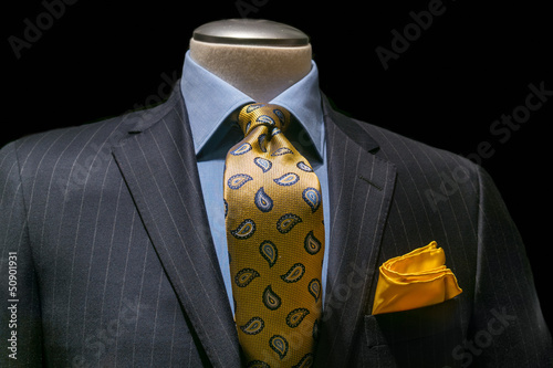 Gray Striped Jacket, Blue Shirt, Patterned Yellow Tie & Handkerc