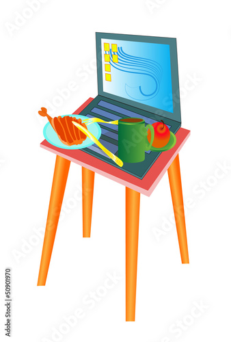 still life with chair and food on notebook