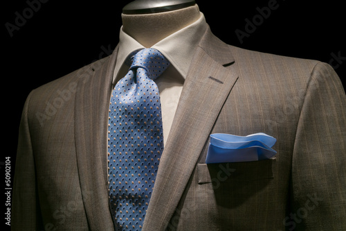 Tan Striped Jacket, Textured White Shirt, Patterned Blue Tie & H