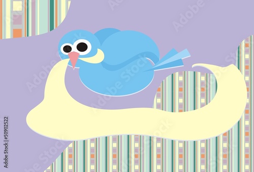 Blauer Vogel mit Spruchband