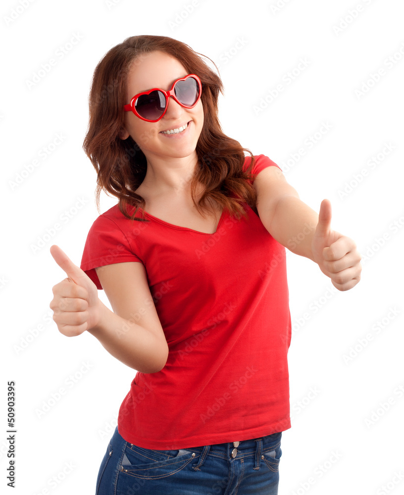 Young woman showing thumbs up