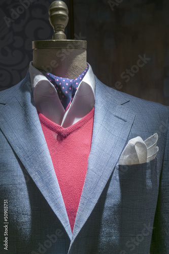 Light Blue Checkered Jacket With Red Sweater, Shirt, Tie & Handk