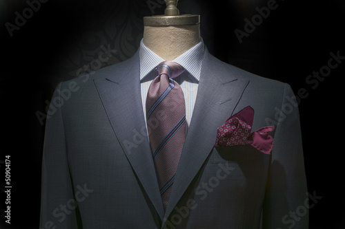 Gray Jacket With White & Blue Checkered Shirt, Striped Tie And M