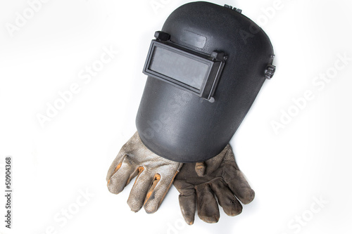 welding helmet and gloves