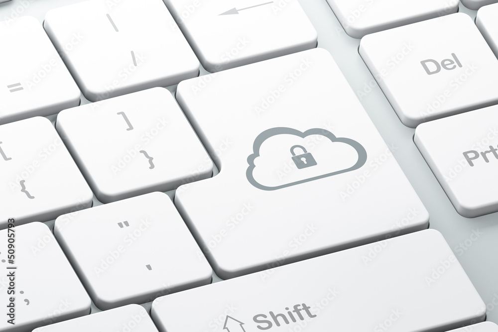Cloud technology concept: Cloud Whis Padlock on computer keyboar Cloud technology concept: Cloud Whis Padlock on computer keyboar