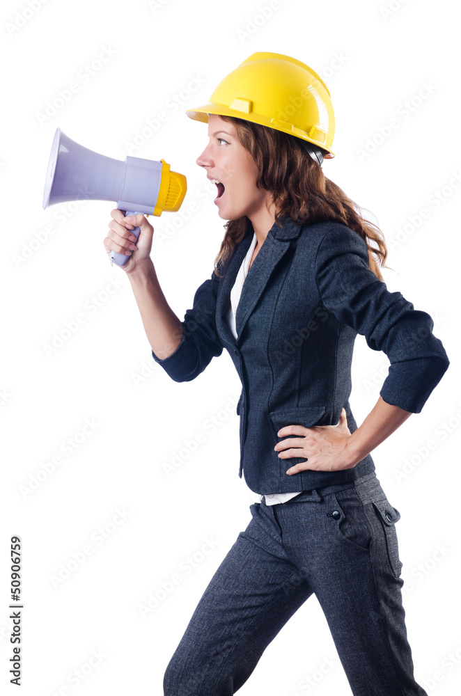 Female construction worker with loudspeaker Female construction worker with loudspeaker