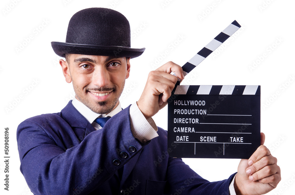 Man with movie clapper isolated on white Man with movie clapper isolated on white