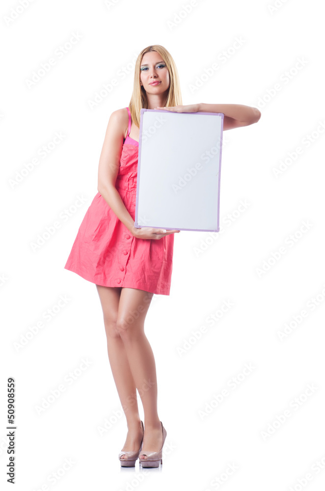 Woman in pink dress with blank board Woman in pink dress with blank board