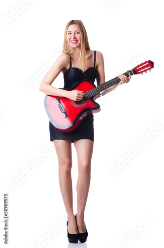 Female guitar player isolated on white