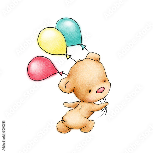Baby Bear running with three colorfull balloons