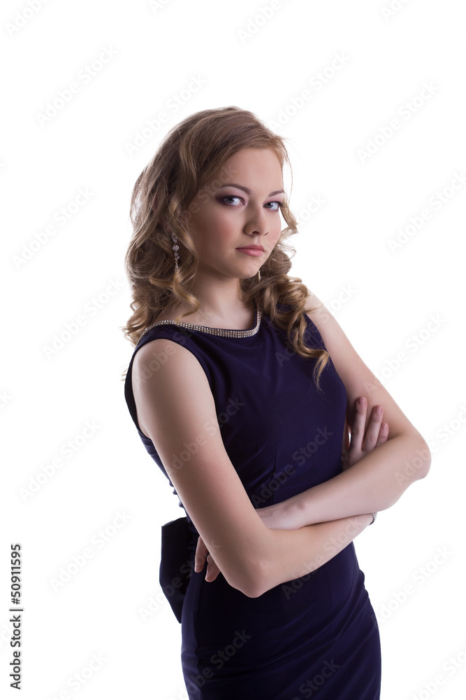 Portrait of attractive girl in dark blue dress Portrait of attractive girl in dark blue dress