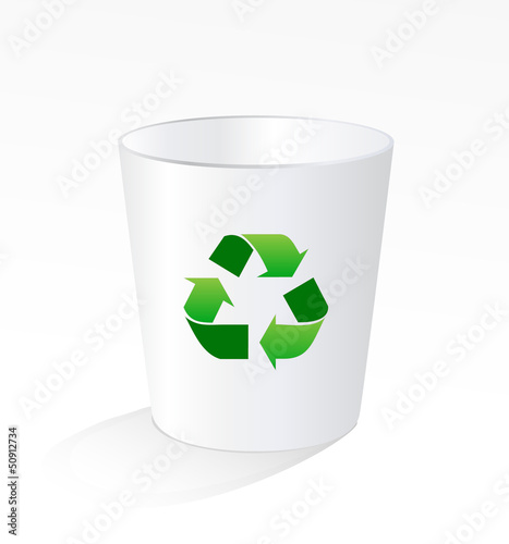 White recycle trash garbage bin with green recycle sign