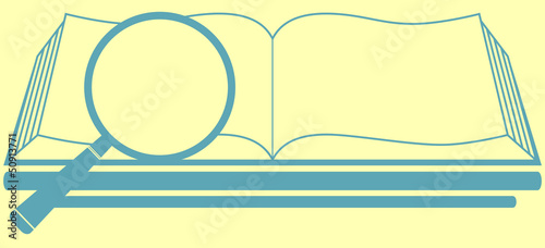 book and magnifier on pale yellow background - search symbol