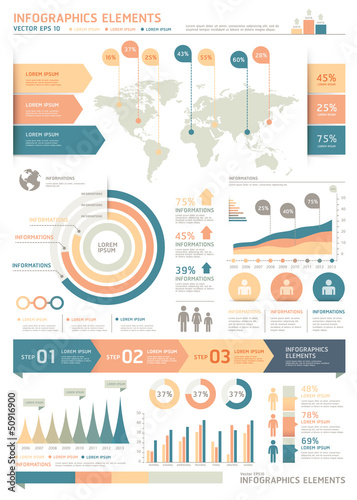 Clean Color Infographics Elements with World map and Information