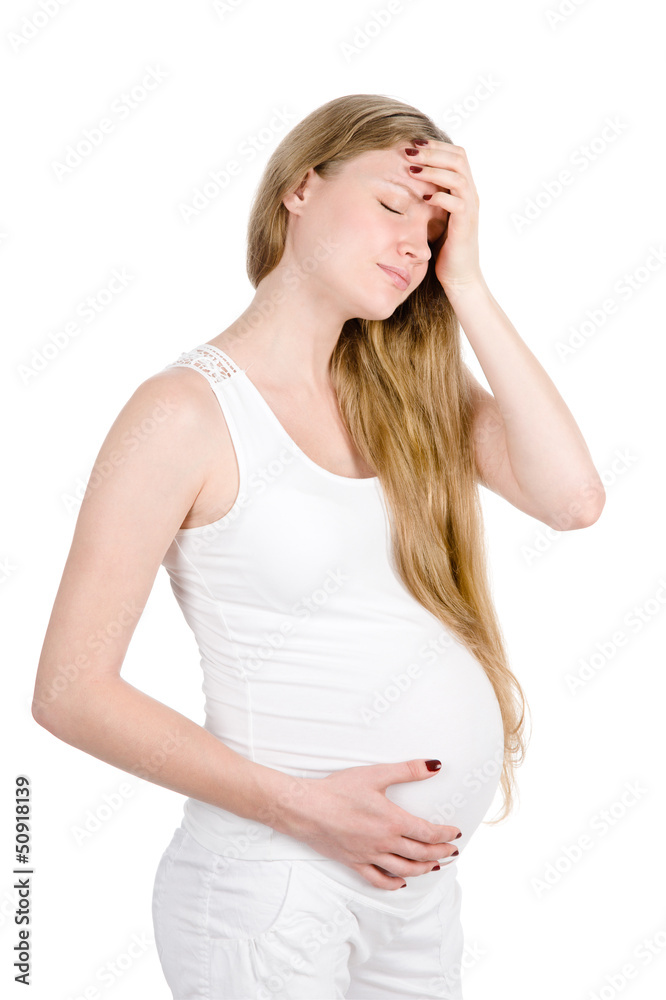 Pregnant woman with strong pain of stomach. isolated Pregnant woman with strong pain of stomach. isolated