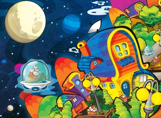 Fototapete Kosmos Bunte Aliens im fliegenden Ufo  © honeyflavour