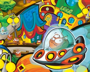 Fototapete Kosmos Ufo mit Aliens über Planeten  © honeyflavour