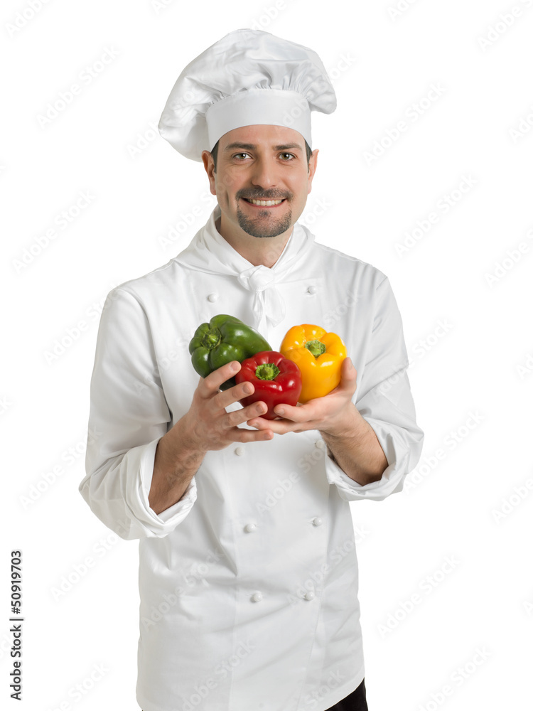 Chef with colorful peppers Chef with colorful peppers