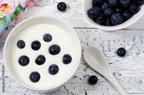 Bowl with yogurt and blueberries