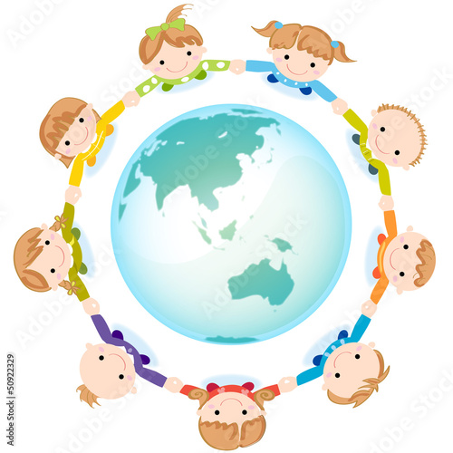 手をつなぐ子供たちと地球 黒線なしバージョン Stock ベクター Adobe Stock