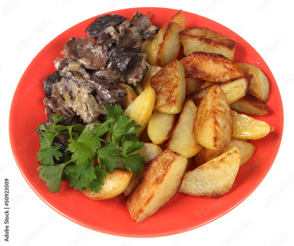 Fried potato, mushrooms and parsley.