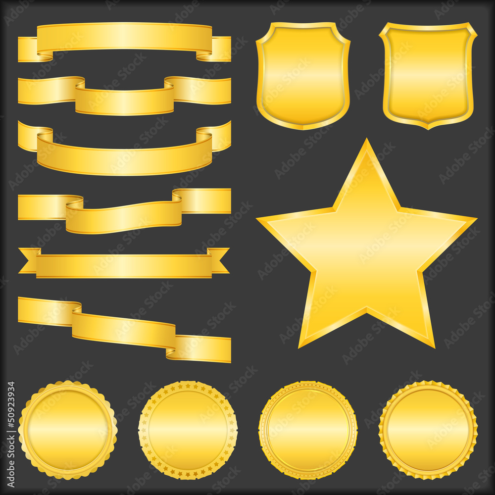Fototapeta premium Golden Ribbons, Shields, Stars and Badges