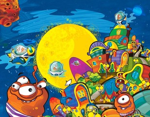 Fototapete Kosmos Lustige Aliens im Ufo Cartoon  © honeyflavour
